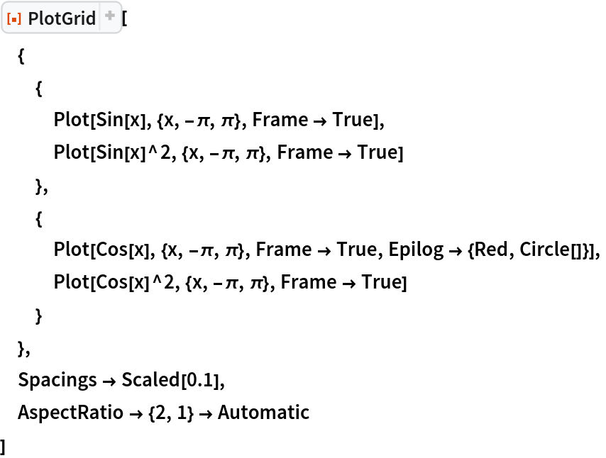 ResourceFunction["PlotGrid"][
 {
  {
   Plot[Sin[x], {x, -\[Pi], \[Pi]}, Frame -> True],
   Plot[Sin[x]^2, {x, -\[Pi], \[Pi]}, Frame -> True]
   },
  {
   Plot[Cos[x], {x, -\[Pi], \[Pi]}, Frame -> True, Epilog -> {Red, Circle[]}],
   Plot[Cos[x]^2, {x, -\[Pi], \[Pi]}, Frame -> True]
   }
  },
 Spacings -> Scaled[0.1],
 AspectRatio -> {2, 1} -> Automatic
 ]