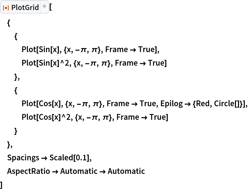ResourceFunction[
ResourceObject[<|"Name" -> "PlotGrid", "ShortName" -> "PlotGrid", "UUID" -> "2ee44ba7-10c5-4a2b-acc2-773011f57547", "ResourceType" -> "Function", "Version" -> "4.3.3", "Description" -> "Create stacked plots and other advanced grid layouts of plots", "RepositoryLocation" -> URL[
     "https://www.wolframcloud.com/obj/resourcesystem/api/1.0"], "SymbolName" -> "FunctionRepository`$7e8b9895e56642d2a6f8ea6536827d8a`PlotGrid", "FunctionLocation" -> CloudObject[
     "https://www.wolframcloud.com/obj/5cbd5fb9-86e0-4e81-9b3c-d428db10f6ff"]|>, ResourceSystemBase -> Automatic]][
 {
  {
   Plot[Sin[x], {x, -\[Pi], \[Pi]}, Frame -> True],
   Plot[Sin[x]^2, {x, -\[Pi], \[Pi]}, Frame -> True]
   },
  {
   Plot[Cos[x], {x, -\[Pi], \[Pi]}, Frame -> True, Epilog -> {Red, Circle[]}],
   Plot[Cos[x]^2, {x, -\[Pi], \[Pi]}, Frame -> True]
   }
  },
 Spacings -> Scaled[0.1],
 AspectRatio -> Automatic -> Automatic
 ]