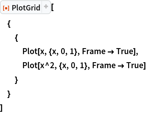 ResourceFunction[
ResourceObject[<|"Name" -> "PlotGrid", "ShortName" -> "PlotGrid", "UUID" -> "2ee44ba7-10c5-4a2b-acc2-773011f57547", "ResourceType" -> "Function", "Version" -> "4.3.3", "Description" -> "Create stacked plots and other advanced grid layouts of plots", "RepositoryLocation" -> URL[
     "https://www.wolframcloud.com/obj/resourcesystem/api/1.0"], "SymbolName" -> "FunctionRepository`$7e8b9895e56642d2a6f8ea6536827d8a`PlotGrid", "FunctionLocation" -> CloudObject[
     "https://www.wolframcloud.com/obj/5cbd5fb9-86e0-4e81-9b3c-d428db10f6ff"]|>, ResourceSystemBase -> Automatic]][
 {
  {
   Plot[x, {x, 0, 1}, Frame -> True],
   Plot[x^2, {x, 0, 1}, Frame -> True]
   }
  }
 ]