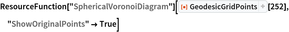 ResourceFunction["SphericalVoronoiDiagram"][
 ResourceFunction["GeodesicGridPoints"][252], "ShowOriginalPoints" -> True]