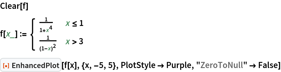 Clear[f]
f[x_] := \!\(\*
TagBox[GridBox[{
{"\[Piecewise]", GridBox[{
{
FractionBox["1", 
RowBox[{"1", "+", 
SuperscriptBox["x", "4"]}]], 
RowBox[{"x", "<=", "1"}]},
{
FractionBox["1", 
SuperscriptBox[
RowBox[{"(", 
RowBox[{"1", "-", "x"}], ")"}], "2"]], 
RowBox[{"x", ">", "3"}]}
},
AllowedDimensions->{2, Automatic},
Editable->True,
GridBoxAlignment->{
         "Columns" -> {{Left}}, "ColumnsIndexed" -> {}, "Rows" -> {{Baseline}}, "RowsIndexed" -> {}},
GridBoxItemSize->{
         "Columns" -> {{Automatic}}, "ColumnsIndexed" -> {}, "Rows" -> {{1.}}, "RowsIndexed" -> {}},
GridBoxSpacings->{"Columns" -> {
Offset[0.27999999999999997`], {
Offset[0.84]}, 
Offset[0.27999999999999997`]}, "ColumnsIndexed" -> {}, "Rows" -> {
Offset[0.2], {
Offset[0.4]}, 
Offset[0.2]}, "RowsIndexed" -> {}},
Selectable->True]}
},
GridBoxAlignment->{
      "Columns" -> {{Left}}, "ColumnsIndexed" -> {}, "Rows" -> {{Baseline}}, "RowsIndexed" -> {}},
GridBoxItemSize->{
      "Columns" -> {{Automatic}}, "ColumnsIndexed" -> {}, "Rows" -> {{1.}}, "RowsIndexed" -> {}},
GridBoxSpacings->{"Columns" -> {
Offset[0.27999999999999997`], {
Offset[0.35]}, 
Offset[0.27999999999999997`]}, "ColumnsIndexed" -> {}, "Rows" -> {
Offset[0.2], {
Offset[0.4]}, 
Offset[0.2]}, "RowsIndexed" -> {}}],
"Piecewise",
DeleteWithContents->True,
Editable->False,
SelectWithContents->True,
Selectable->False,
StripWrapperBoxes->True]\)
ResourceFunction["EnhancedPlot"][f[x], {x, -5, 5}, PlotStyle -> Purple, "ZeroToNull" -> False]