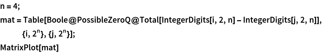 n = 4;
mat = Table[
   Boole@PossibleZeroQ@
     Total[IntegerDigits[i, 2, n] - IntegerDigits[j, 2, n]], {i, 2^
    n}, {j, 2^n}];
MatrixPlot[mat]