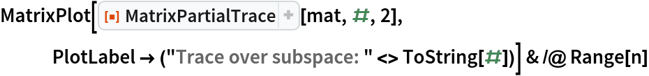 MatrixPlot[ResourceFunction["MatrixPartialTrace"][mat, #, 2], PlotLabel -> ("Trace over subspace: " <> ToString[#])] & /@ Range[n]