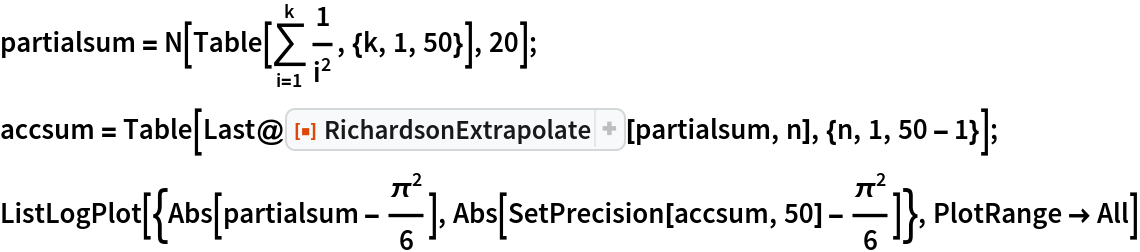 partialsum = N[Table[\!\(
\*UnderoverscriptBox[\(\[Sum]\), \(i = 1\), \(k\)]
\*FractionBox[\(1\), 
SuperscriptBox[\(i\), \(2\)]]\), {k, 1, 50}], 20];
accsum = Table[
   Last@ResourceFunction["RichardsonExtrapolate"][partialsum, n], {n, 1, 50 - 1}];
ListLogPlot[{Abs[partialsum - \[Pi]^2/6], Abs[SetPrecision[accsum, 50] - \[Pi]^2/6]}, PlotRange -> All]
