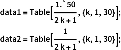 data1 = Table[1.`50/(2 k + 1), {k, 1, 30}];
data2 = Table[1/(2 k + 1), {k, 1, 30}];