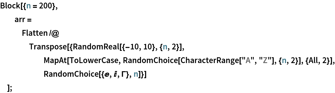 Block[{n = 200},
  arr = Flatten /@ Transpose[{RandomReal[{-10, 10}, {n, 2}], MapAt[ToLowerCase, RandomChoice[CharacterRange["A", "Z"], {n, 2}], {All, 2}], RandomChoice[{E, I, \[CapitalGamma]}, n]}]
  ];